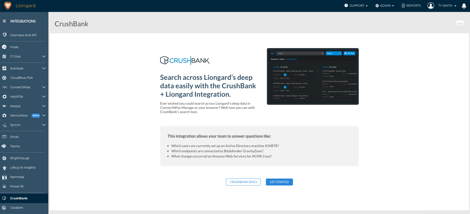 Screenshot of Crushbank integration in Liongard platform.