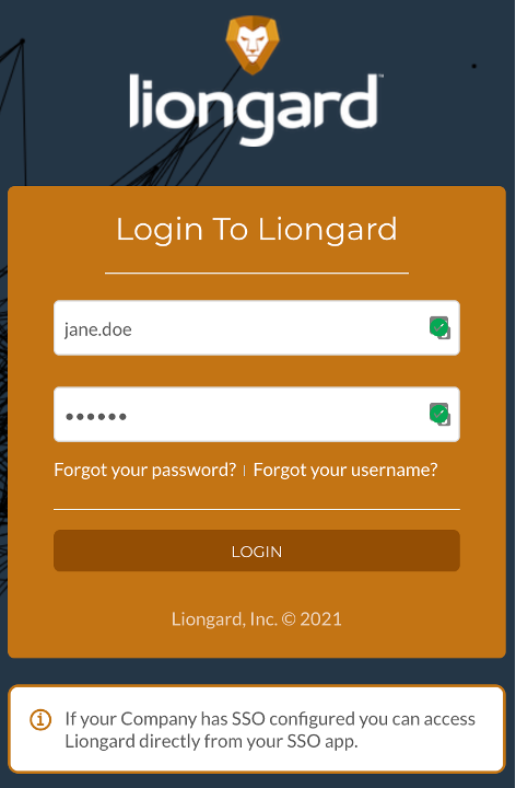 Screenshot of Single Sign On Login for Liongard