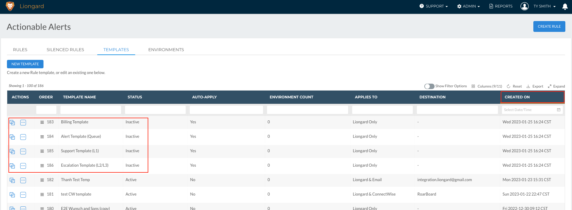 Screenshot of Liongard Deep Data™ Platform showing new Actionable Alert Templates. Image shows table with templates listed, with a box around the new templates.